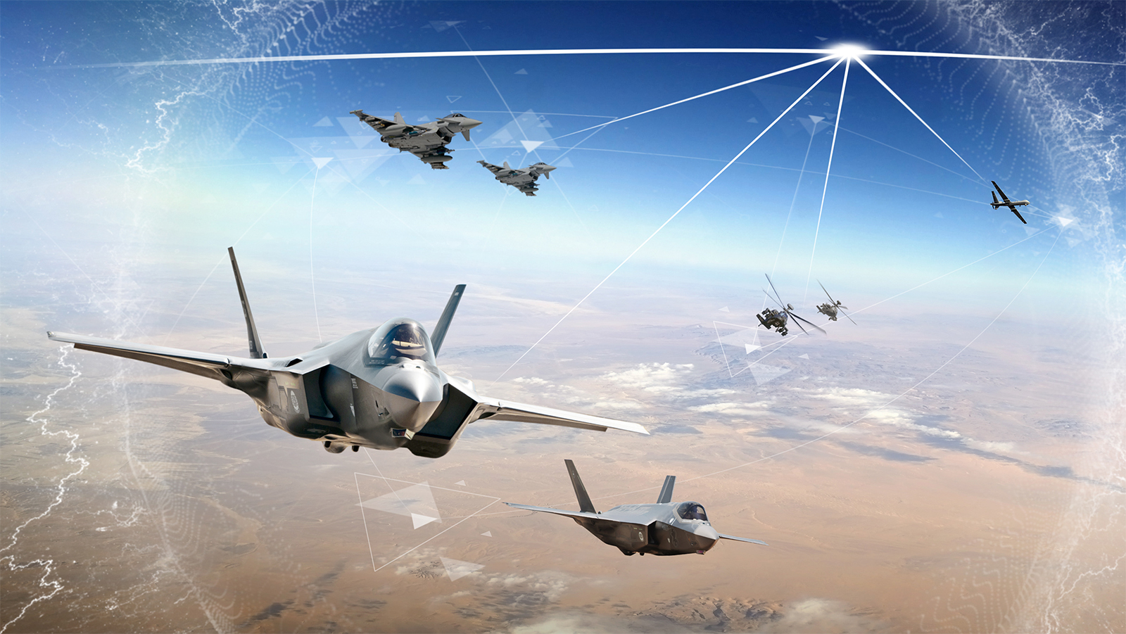 Multiple aircraft platforms – military jets, helicopters, and a drone (UAV) – fly over a battlefield supported by BAE Systems’ anti-jam/anti-spoof DIGAR GPS electronics.