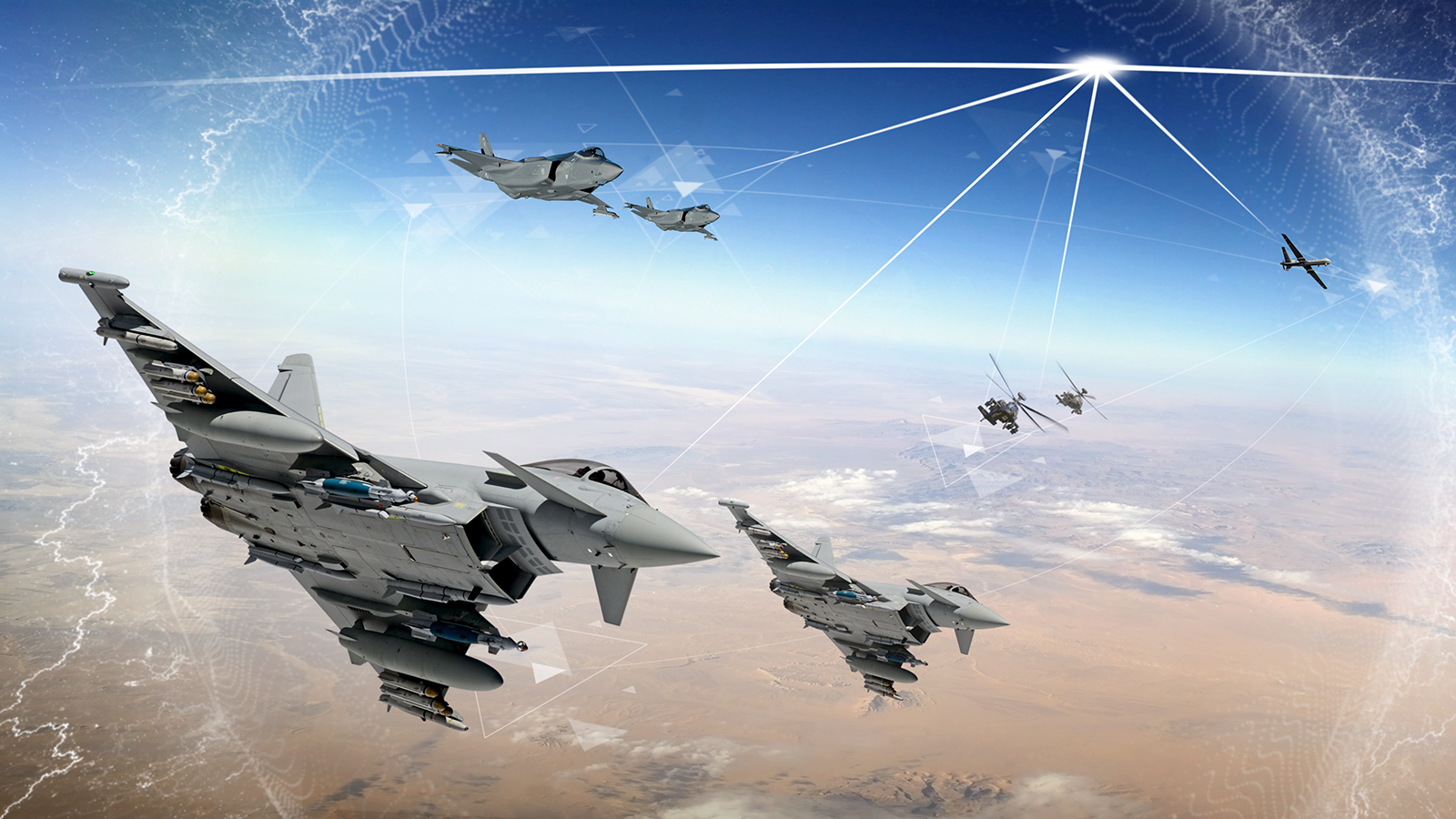 Typhoon aircraft in foreground of image featuring 7 varied platforms in flight with daytime sky and land in background