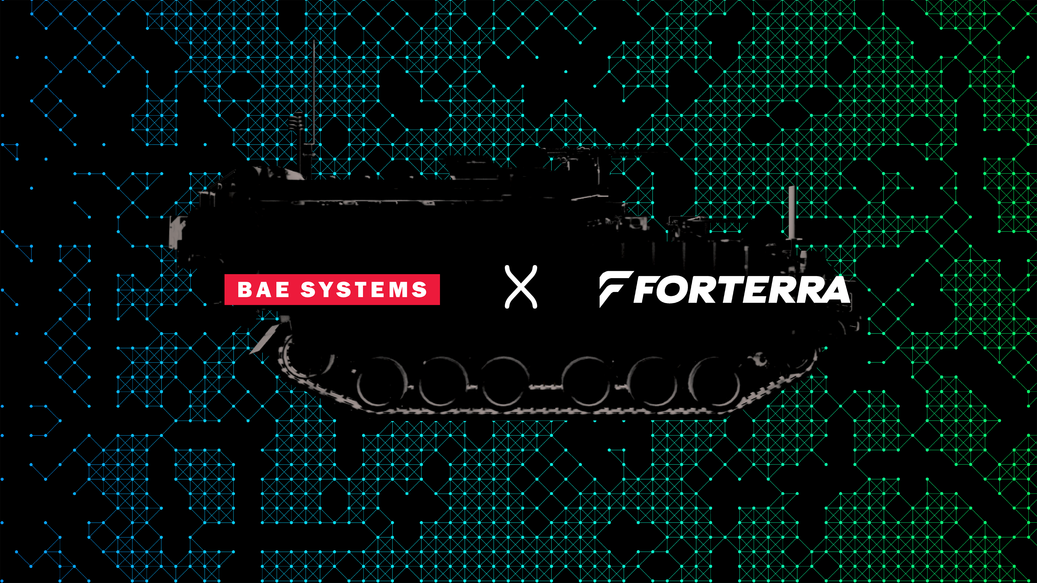 BAE Systems and Forterra logos over silhouette of armored combat vehicle prototype