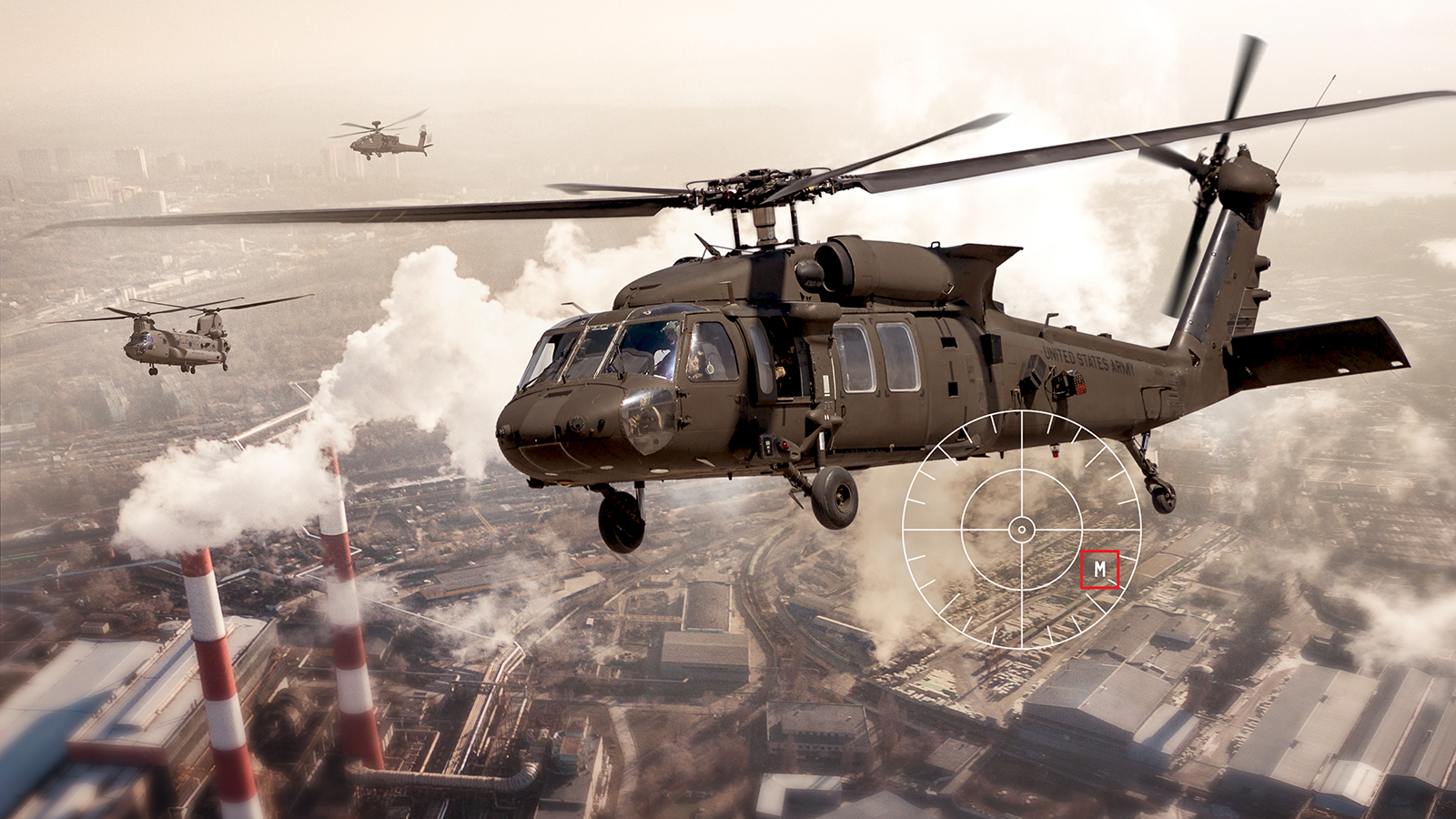 Three military helicopters in mission flight overlayed by a targeting reticle to show a threat the BAE Systems next-generation detection systems will counter.