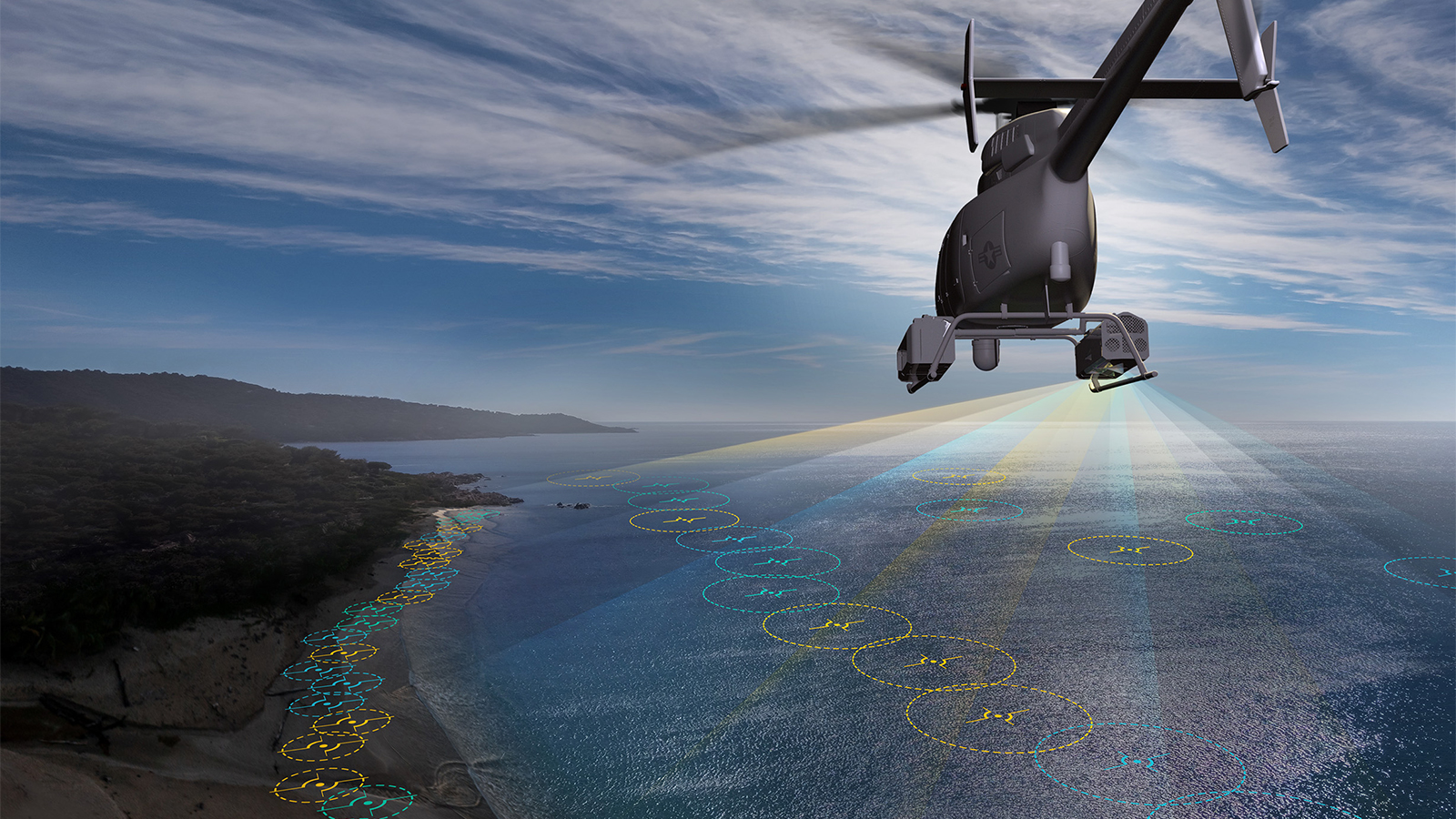 From the beach to the open ocean, our airborne mine detection technology detects threats and performs onboard real-time processing, alerting the warfighter to dangers that lie below.