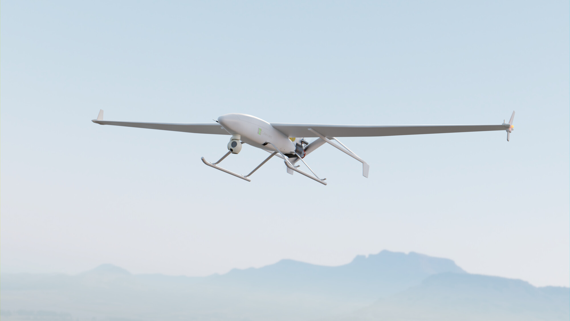 A computer generated image of Fregata flying in the sky above a mountainous landscape 
