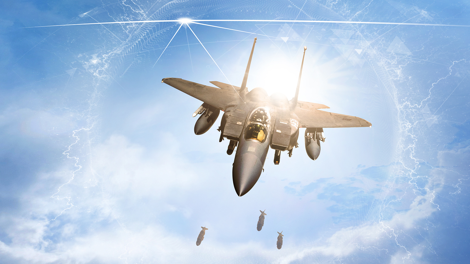 An F-15 Eagle Strike Fighter, able to attack in high-threat environments with greater precision, velocity, and timing with the cutting edge anti-jam, anti-spoofing M-Code technology of BAE Systems’ SABR™ GPS Receivers.