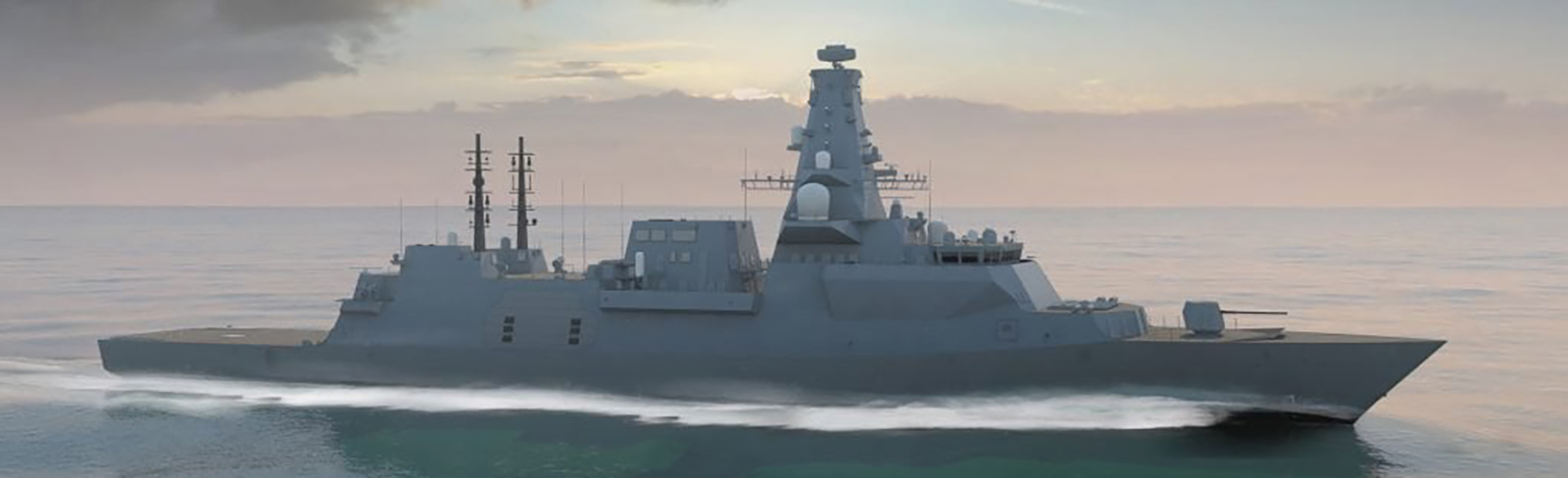 A type 26 Royal frigate with Mk 45 Indirect Fire System on the ocean, viewed from the side with a pale sunset in the background