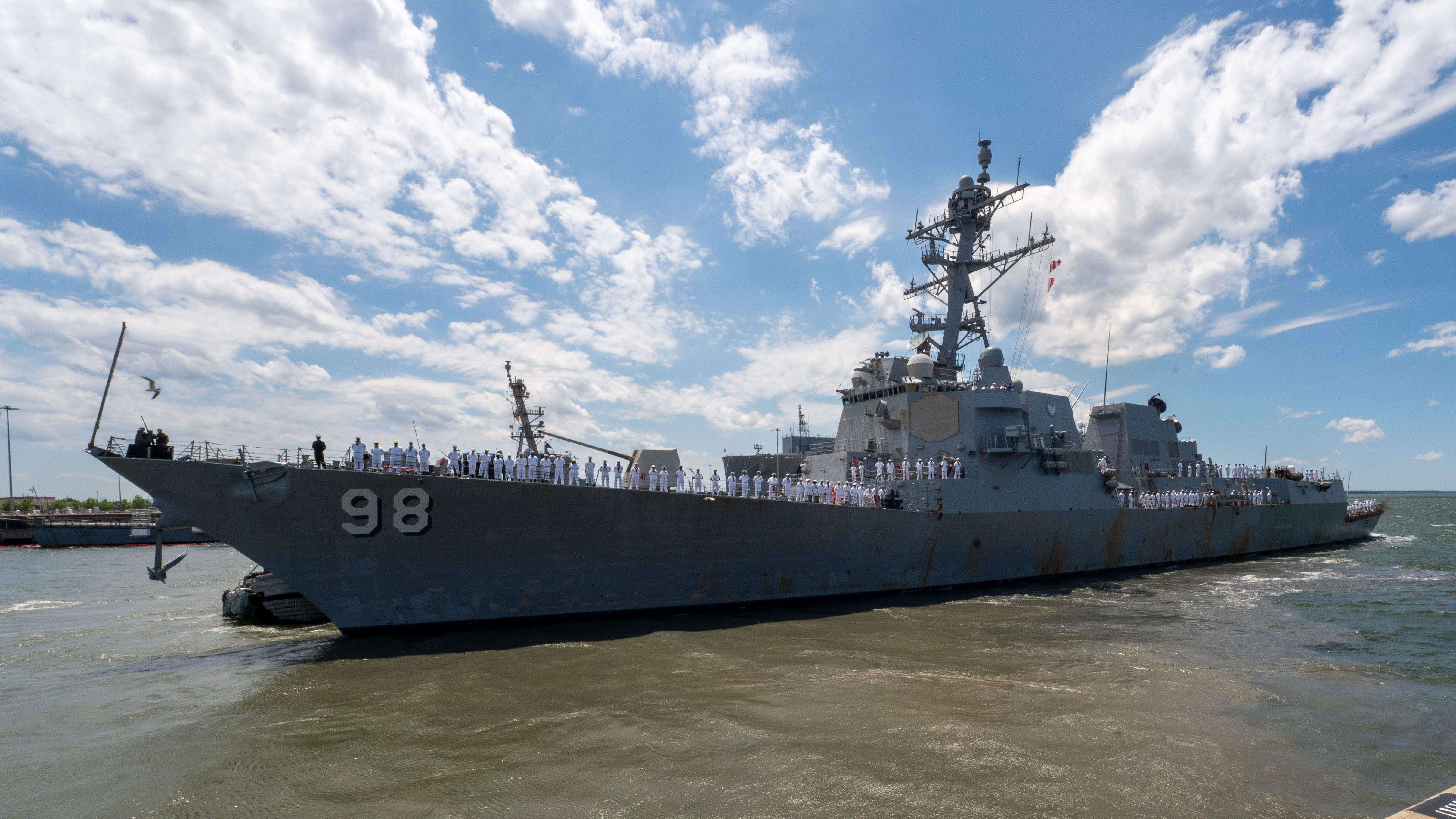 The Arleigh Burke-class guided missile destroyer USS Forrest Sherman (DDG 98) departs Naval Station Norfolk for a scheduled deployment. The USS Forrest Sherman (DDG 98) departed Norfolk as part of the Gerald R. Ford Carrier Strike Group (GRFCSG) for a scheduled deployment to the U.S. 5th Fleet area of operations. The deployment will underscore the U.S. Navy's commitment to maritime security and stability in the region.