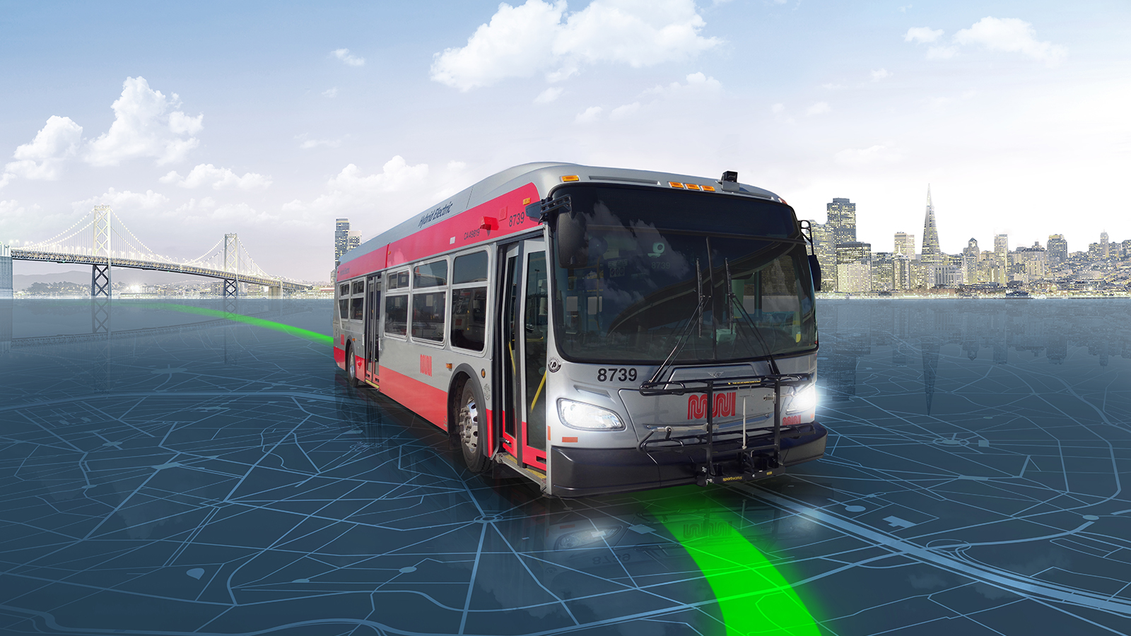 Transit bus on the road to electrification with San Francisco in the background.