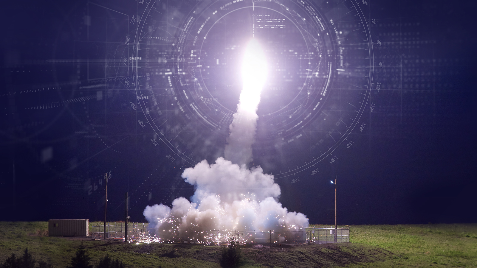 A THAAD interceptor launches from the ground, lighting up the night sky. An artist’s graphic overlay on the photo represents guidance technology.