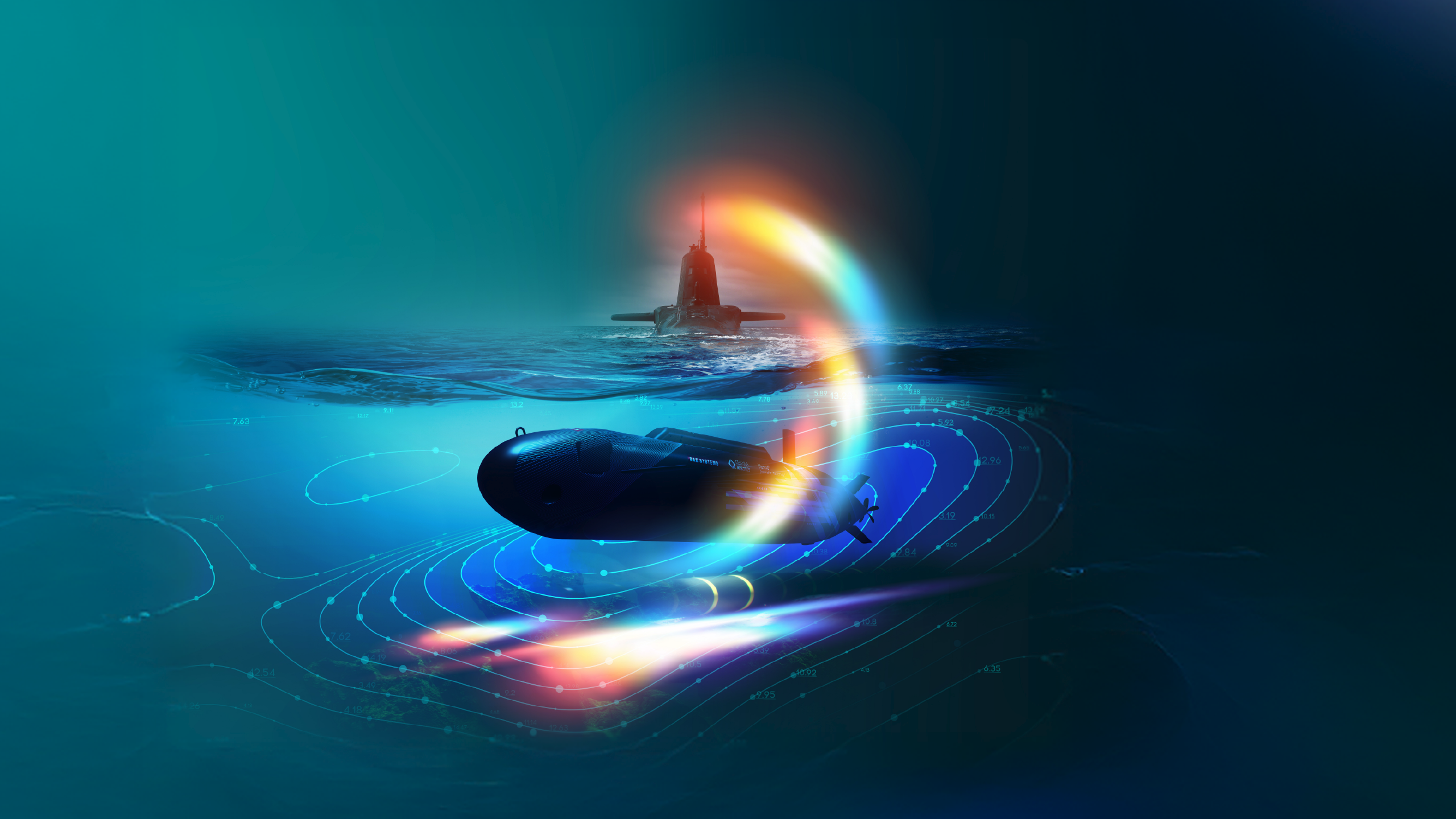 Image of a subsea battlespace image featuring an uncrewed underwater vehicle