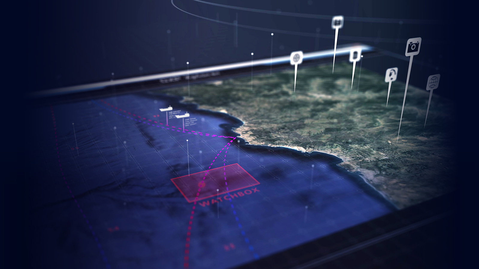 This coastal-design mapping infographic depicts the types of data that our GXP geospatial software can contextualize into military, security, and incident response materials to inform decision-making.