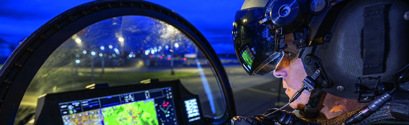 A Eurofighter Typhoon pilot wearing a Striker II helmet