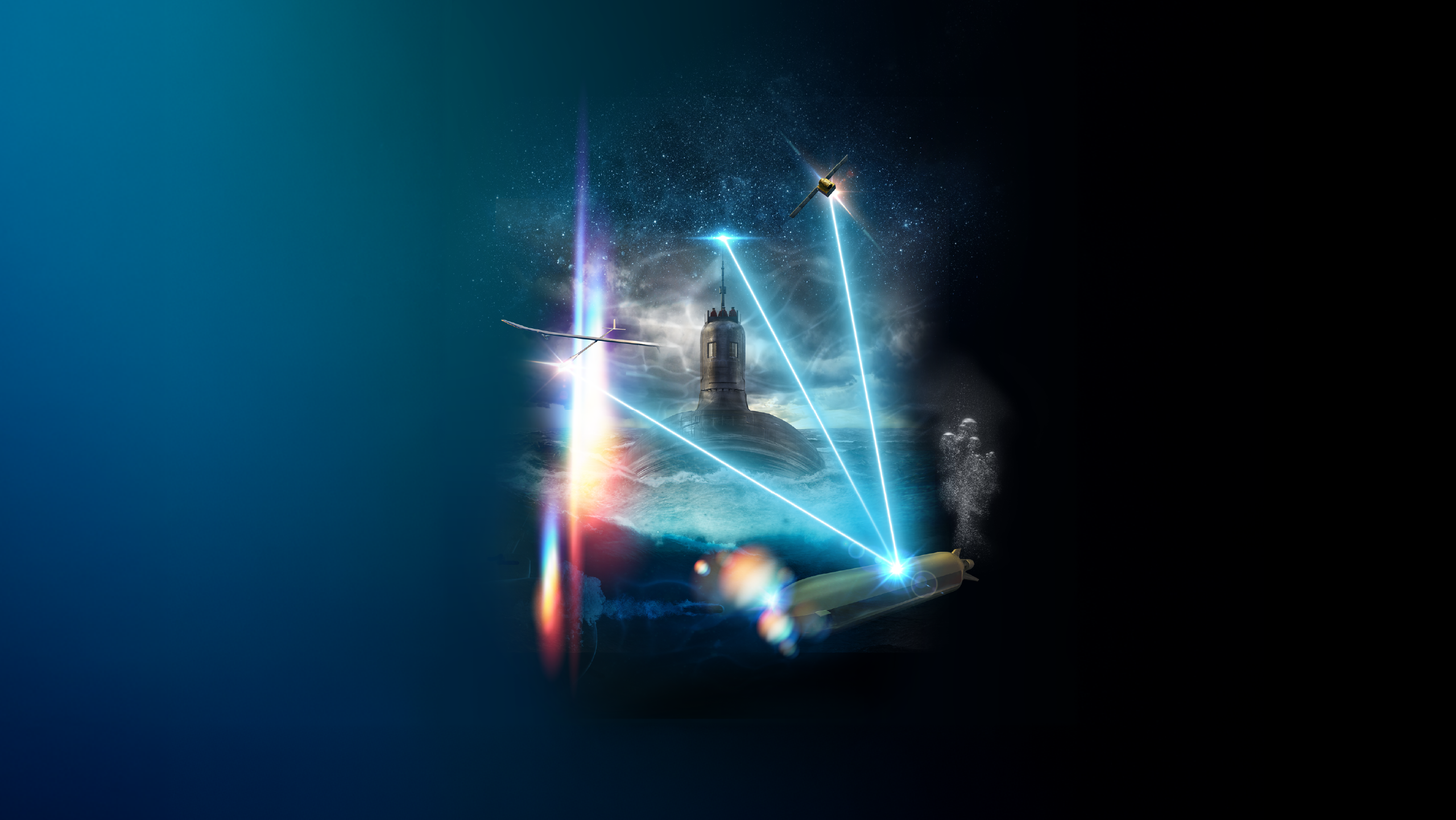 Abstract image representing an underwater battlespace scenario with a submarine
