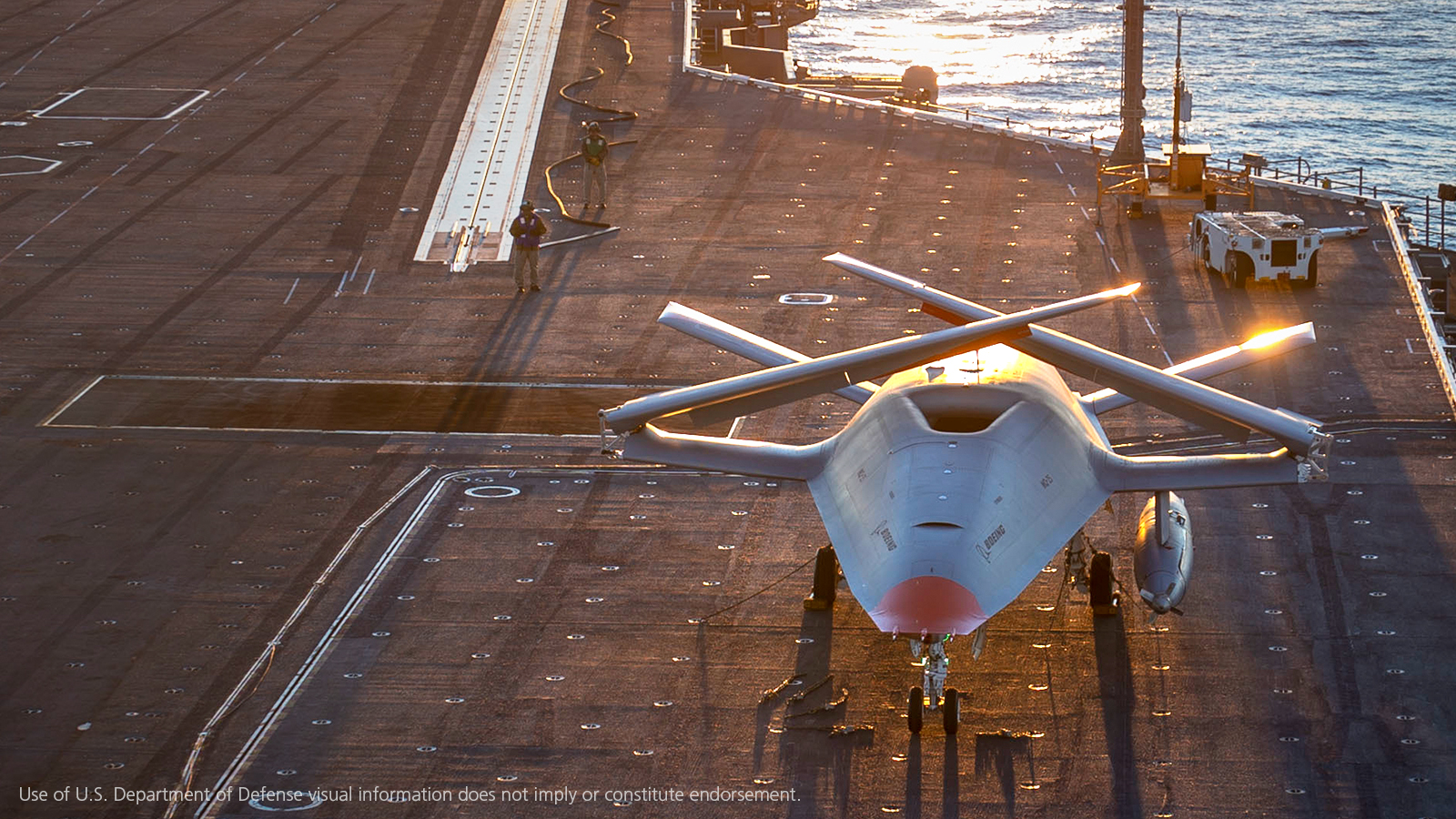 Unmanned MQ-25 aircraft stands on a carrier