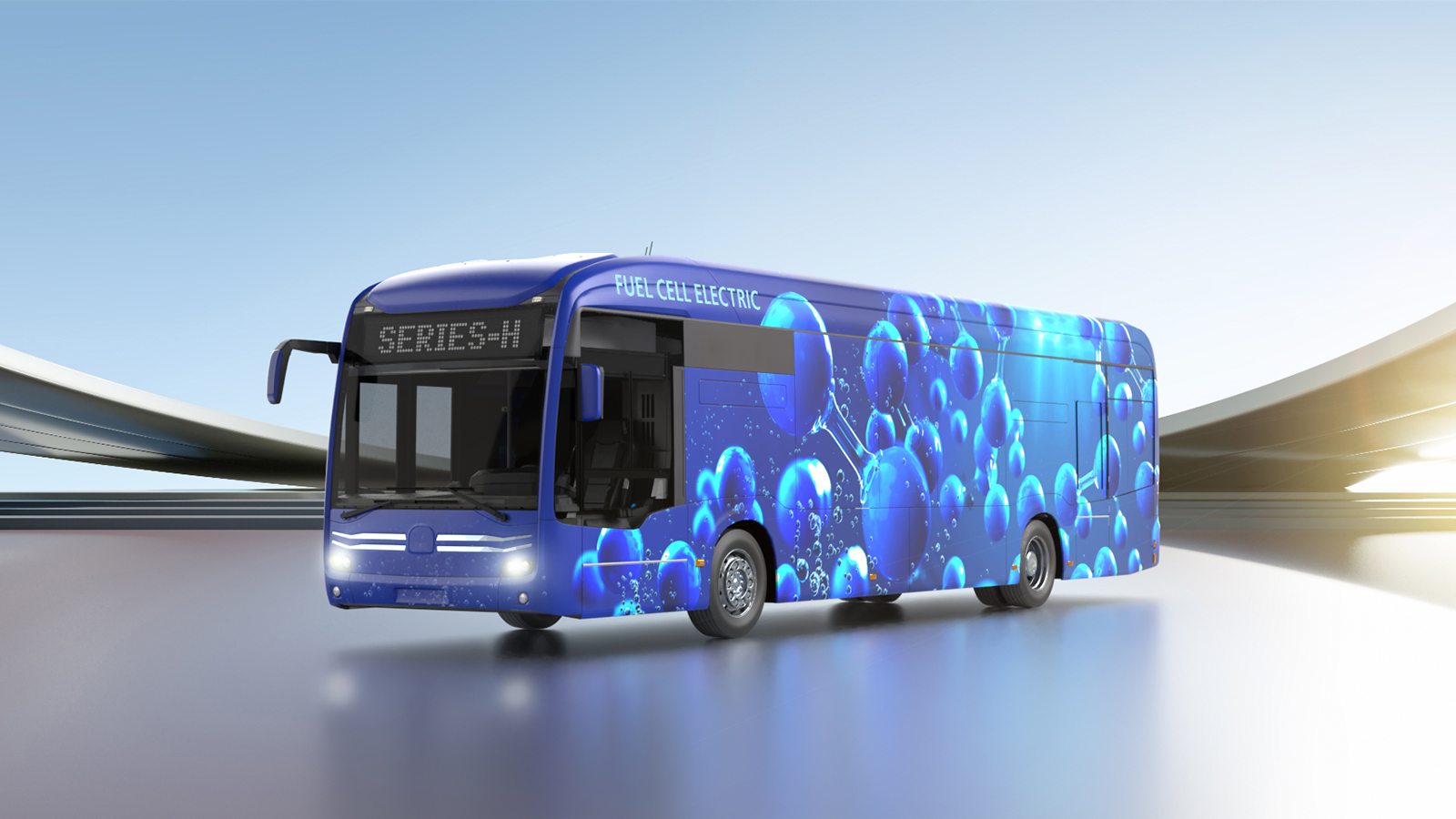 Illustration of a fuel cell electric bus, the outcome of incorporating the BAE Systems Series-H Hydrogen Fuel Cell Electric power and propulsion system into transit buses, achieving zero emissions from those buses 100% of the time.