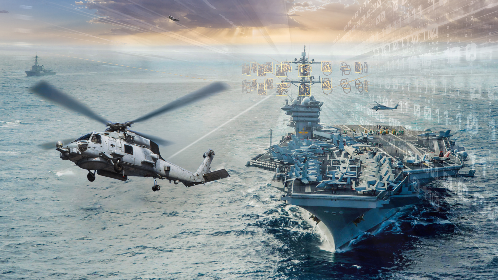 A U.S. Navy aircraft carrier at sea, with a data/comms overlay to represent how NTCDLs create an integrated tactical network for improved cross-platform sea, air, and land data exchange.