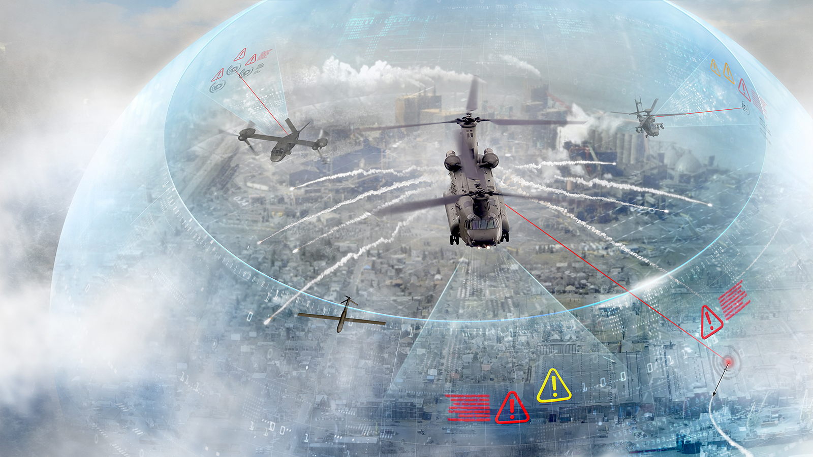 Four aircraft flying over a city, one deploying countermeasures, illustrated as seen from above with all protected by the BAE Systems Intrepid Shield™ full-spectrum electromagnetic sphere.