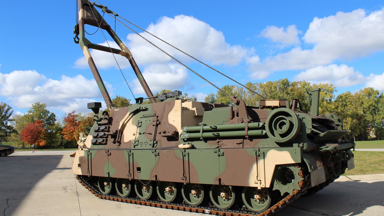 M88A3, the latest variant in the M88 family of vehicles, outside painted in green camo paint.