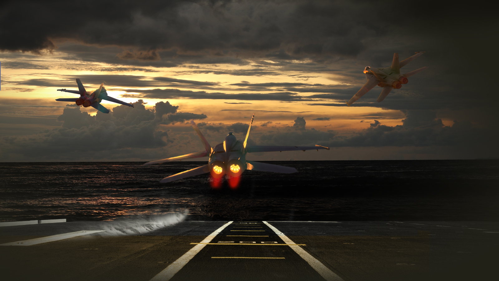 U.S. Navy F/18 fixed-wing aircraft takes off for flight over ocean from large ship aircraft carrier 