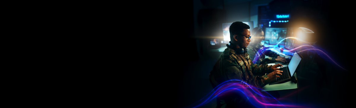 Abstract image of a soldier working at a computer
