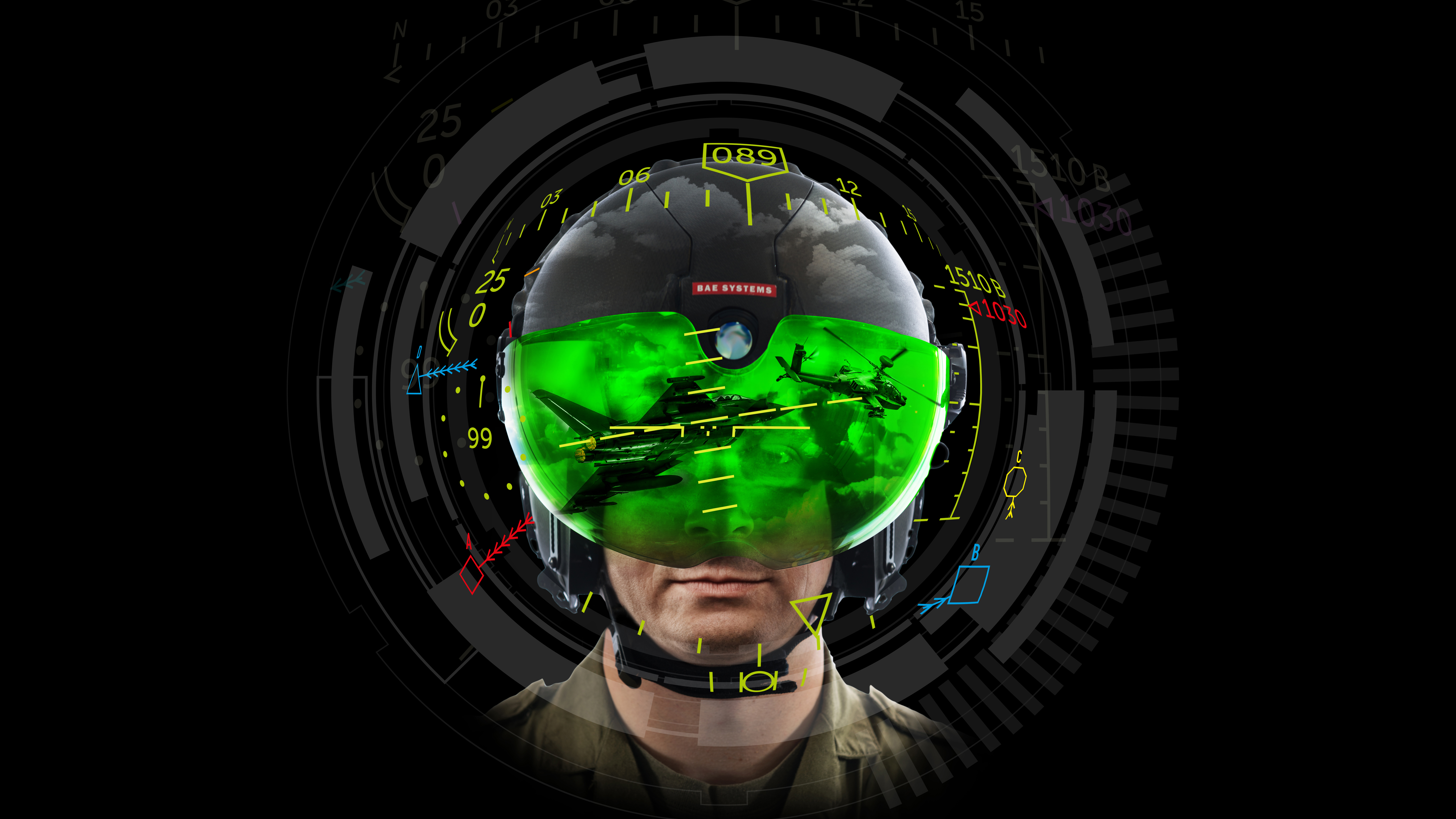 A composite photo combining a male pilot wearing the BAE Systems Striker II helmet with its gyroscopic mounted display reflecting a fighter jet and a helicopter in flight before him.