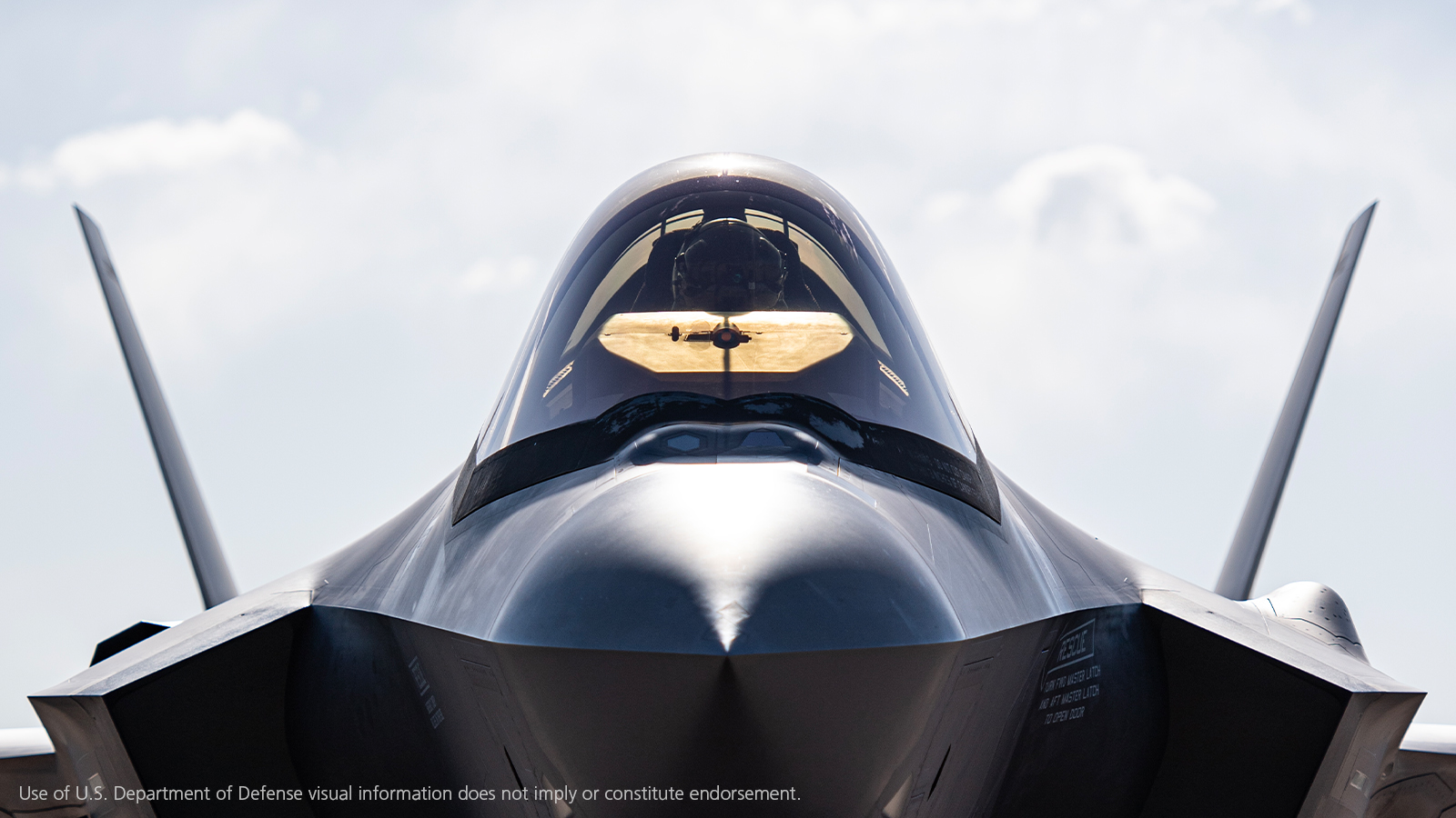 Head-on view of F-35 aircraft ready for flight
